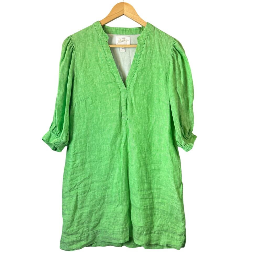 Lilly Pulitzer Linen Dress Womens Size 10 Shift Green Puff Sleeve Preppy V-Neck